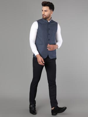 navy blue printed linen nehru jacket - 17464978 - Standard Image - 4