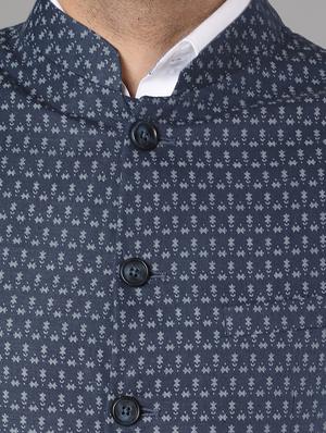 navy blue printed linen nehru jacket - 17464978 - Standard Image - 5