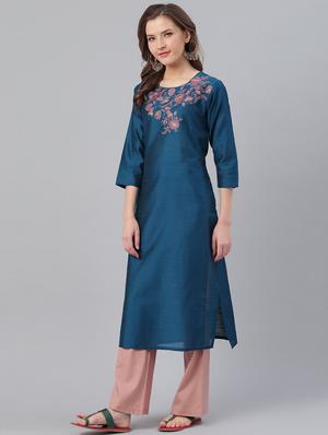 teal art silk straight kurta - 17465814 - Standard Image - 2