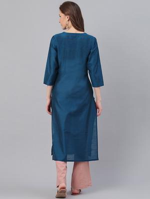 teal art silk straight kurta - 17465814 - Standard Image - 3