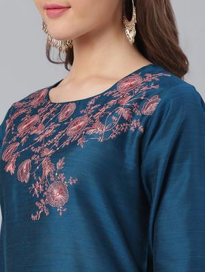 teal art silk straight kurta - 17465814 - Standard Image - 4