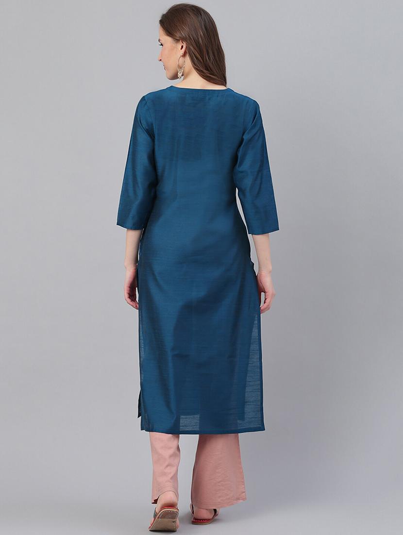 teal art silk straight kurta - 17465814 - Zoom Image - 3