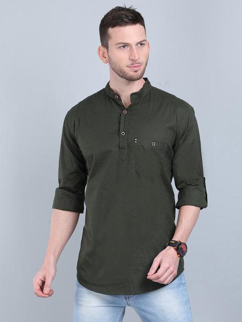 olive green solid short kurta - 17467610 - Very Small Image - 1