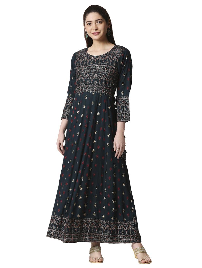 green rayon anarkali kurta - 17468327 - Zoom Image - 1