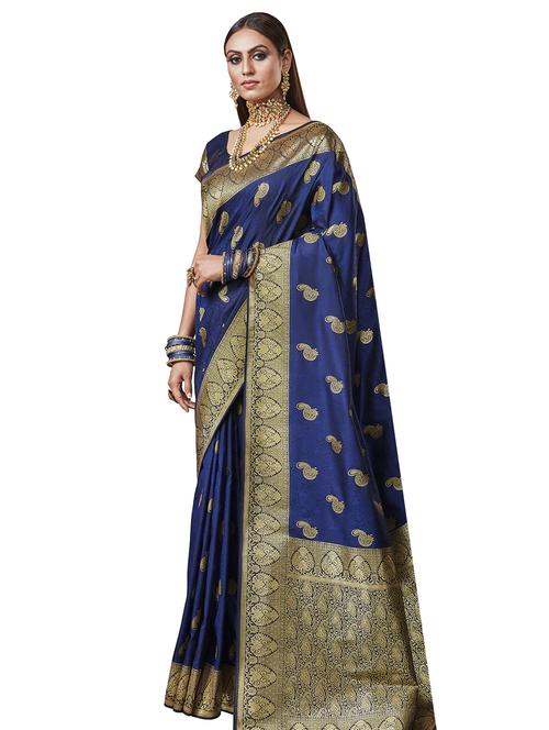 navy silk banarasi saree with blouse - 17468383 - Standard Image - 1