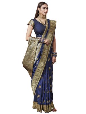 navy silk banarasi saree with blouse - 17468383 - Standard Image - 2