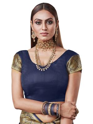 navy silk banarasi saree with blouse - 17468383 - Standard Image - 3