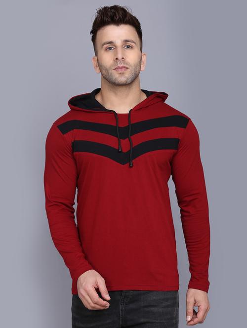 maroon color block cut & sew hooded t-shirt - 17468597 - Standard Image - 1