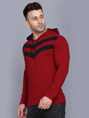 maroon color block cut & sew hooded t-shirt - 17468597 - Standard Image - 2