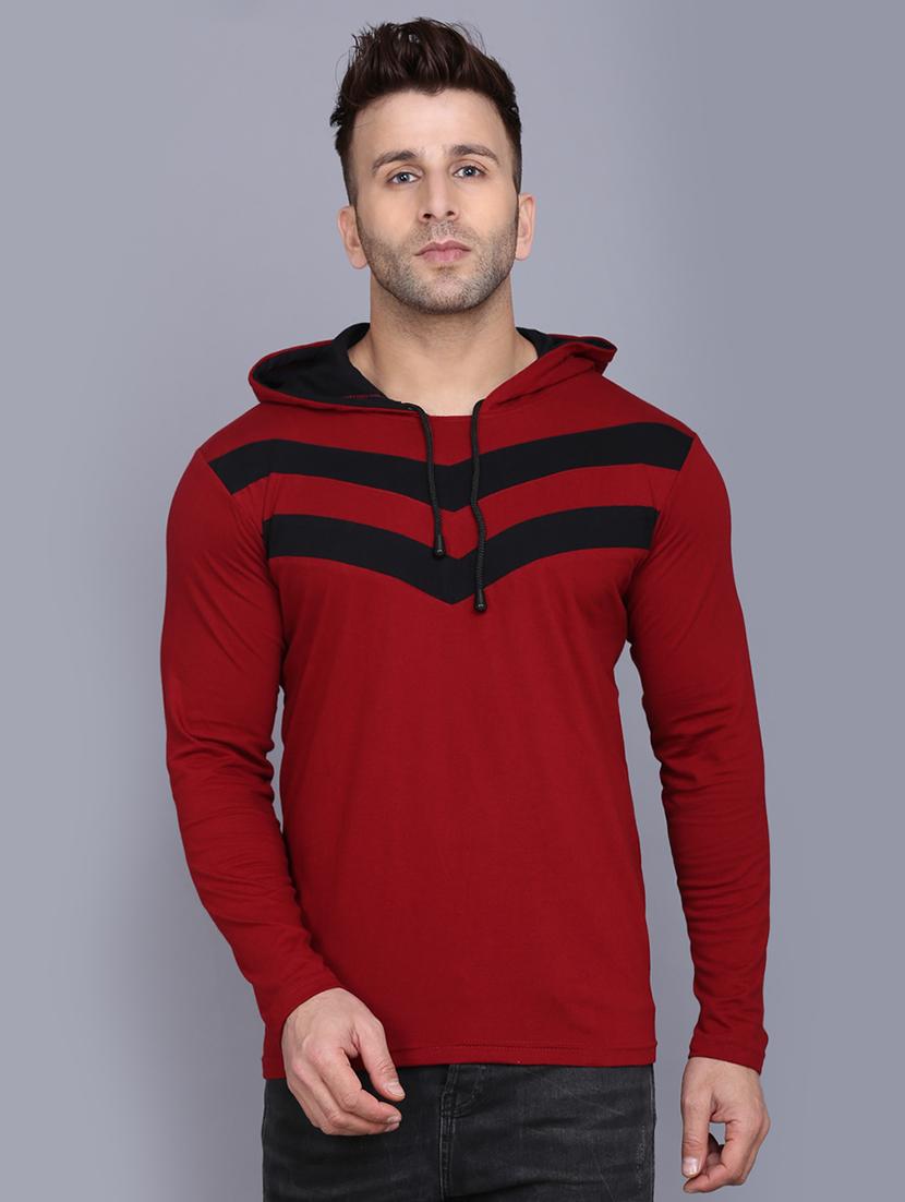 maroon color block cut & sew hooded t-shirt - 17468597 - Zoom Image - 1