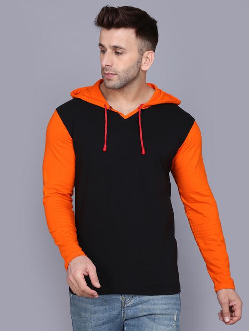orange color block cut & sew hooded t-shirt - 17468610 - Standard Image - 1