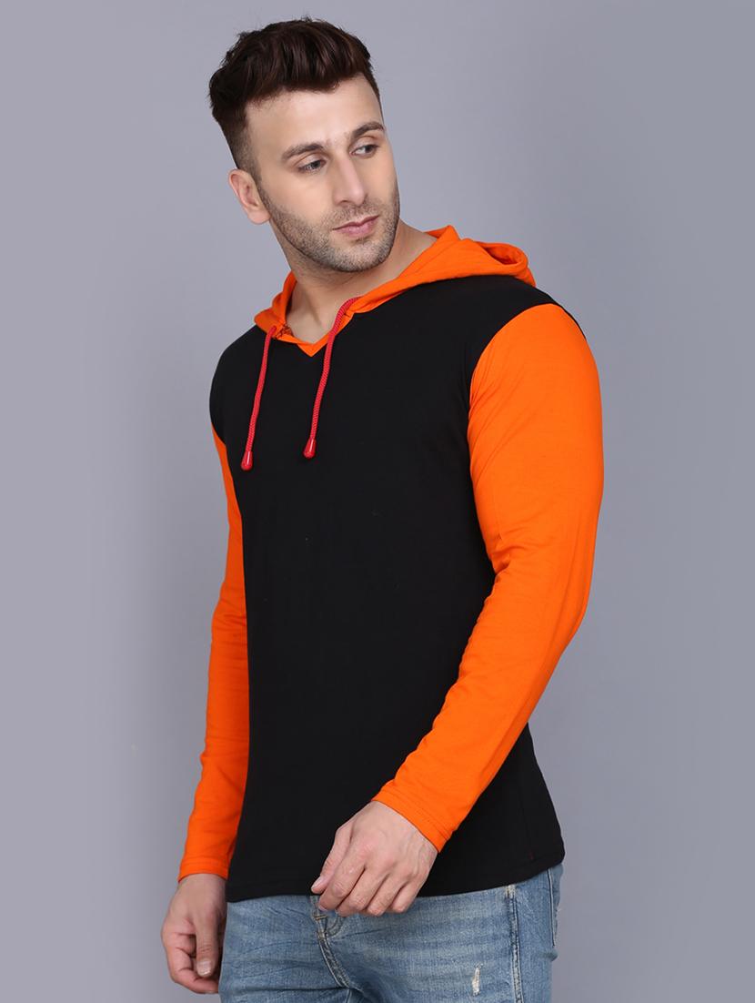 orange color block cut & sew hooded t-shirt - 17468610 - Zoom Image - 2