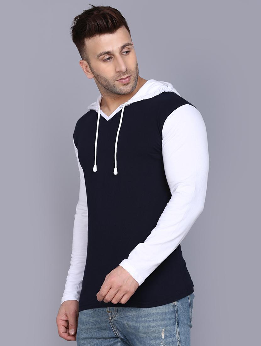 navy blue color block cut & sew hooded t-shirt - 17468611 - Zoom Image - 2