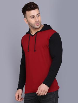 maroon color block cut & sew hooded t-shirt - 17468612 - Standard Image - 2