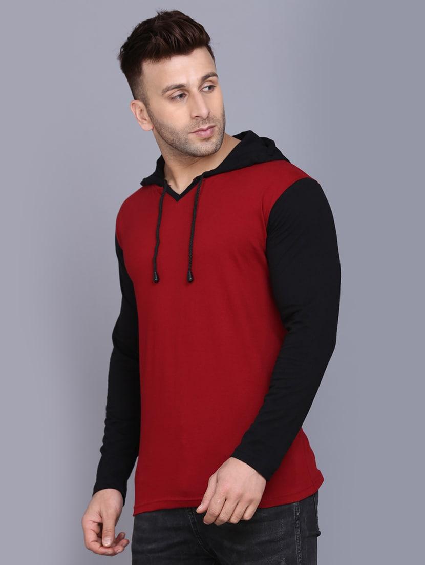 maroon color block cut & sew hooded t-shirt - 17468612 - Zoom Image - 2