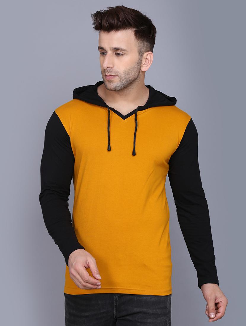 mustard color block cut & sew hooded t-shirt - 17468613 - Zoom Image - 1