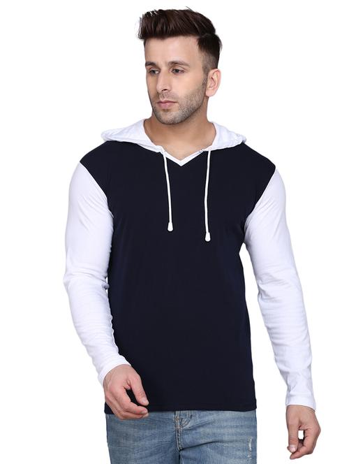 navy blue color block cut & sew hooded t-shirt - 17468614 - Standard Image - 1