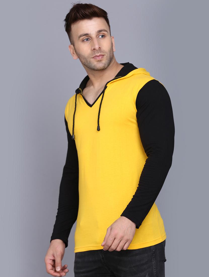 yellow color block cut & sew hooded t-shirt - 17468617 - Zoom Image - 2