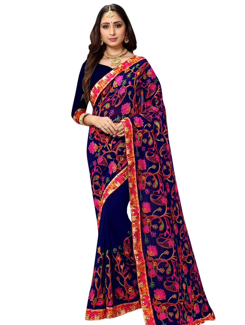 lace bordered embroidered saree with blouse - 17468680 - Zoom Image - 1