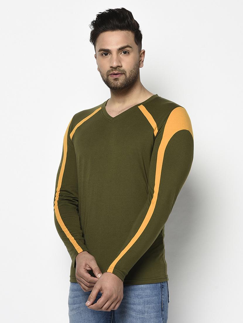 olive green color block cut & sew t-shirt - 17468693 - Zoom Image - 2