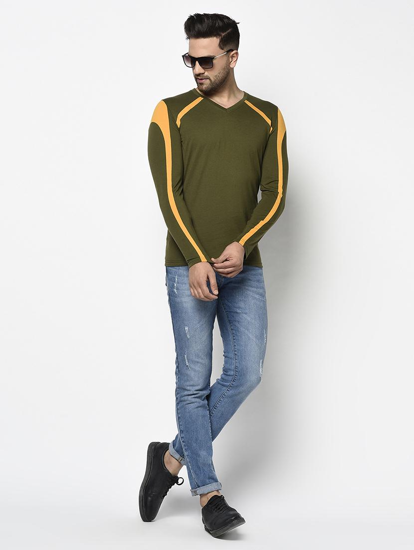 olive green color block cut & sew t-shirt - 17468693 - Zoom Image - 4