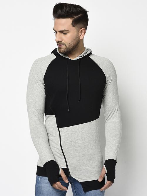grey color block thumbhole hooded t-shirt - 17468696 - Standard Image - 1