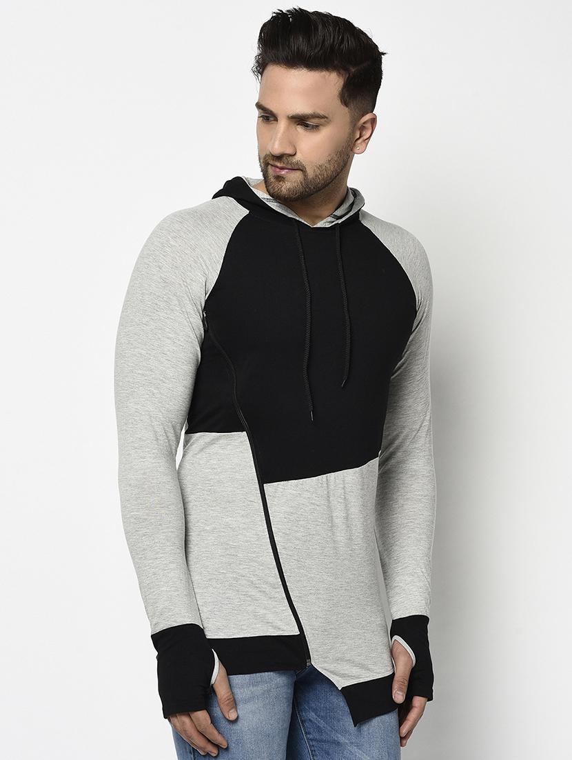 grey color block thumbhole hooded t-shirt - 17468696 - Zoom Image - 2