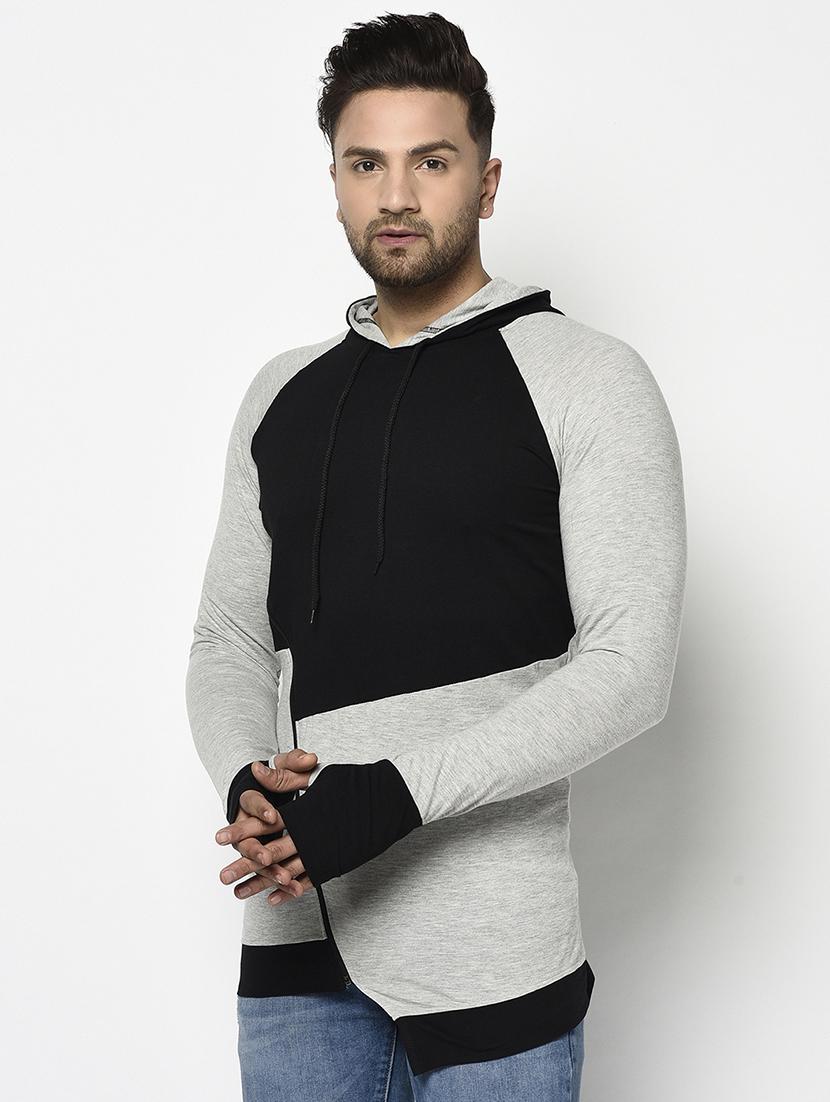 grey color block thumbhole hooded t-shirt - 17468696 - Zoom Image - 3