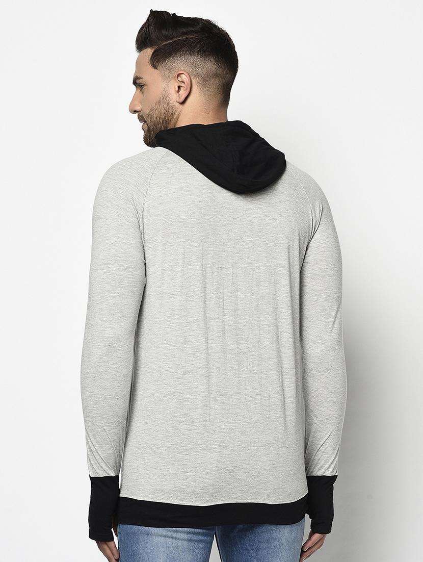 grey color block thumbhole hooded t-shirt - 17468696 - Zoom Image - 4