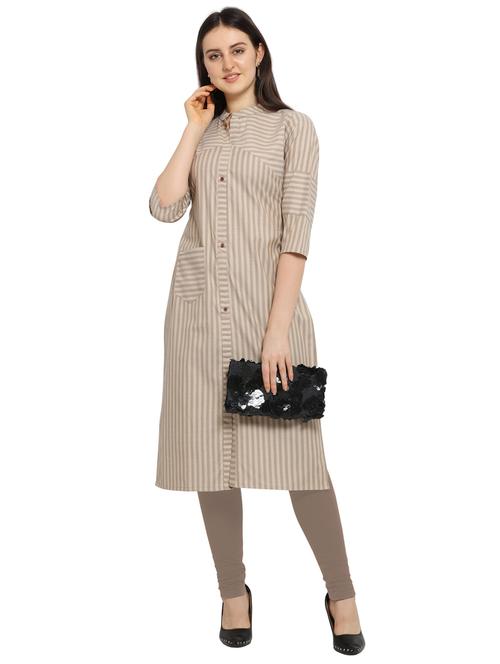 beige cotton straight kurti - 17469064 - Standard Image - 1