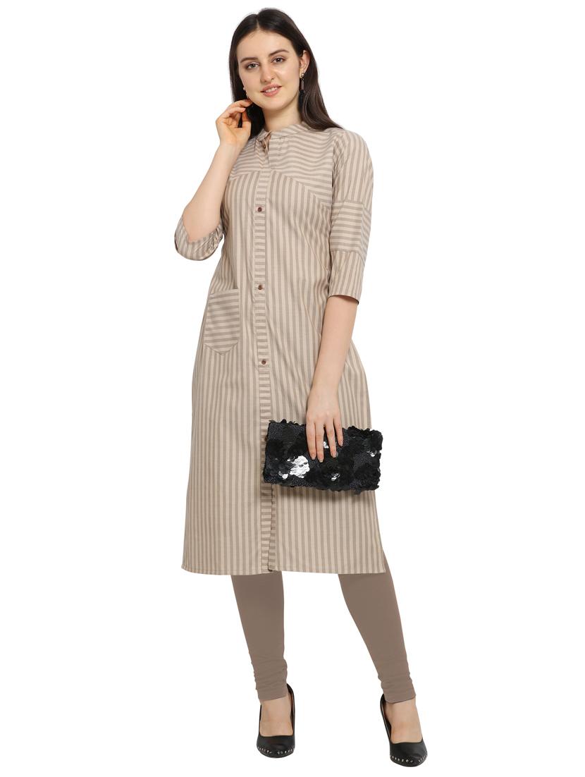 beige cotton straight kurti - 17469064 - Zoom Image - 1