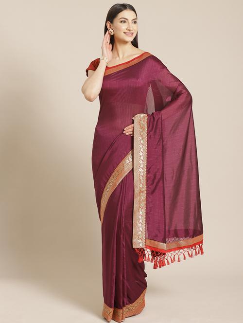 solid bordered saree with blouse - 17470535 - Standard Image - 1