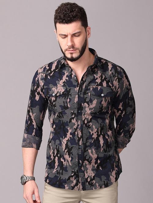 olive green camouflage print casual shirt - 17470683 - Standard Image - 1