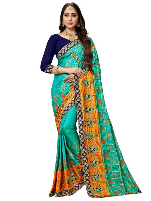 turquoise silk blend embroidered saree with blouse - 17472278 - Standard Image - 1