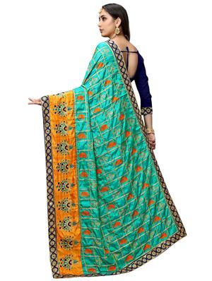 turquoise silk blend embroidered saree with blouse - 17472278 - Standard Image - 2