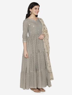 printed tiered flare ethnic dress with dupatta - 17472333 - Standard Image - 2