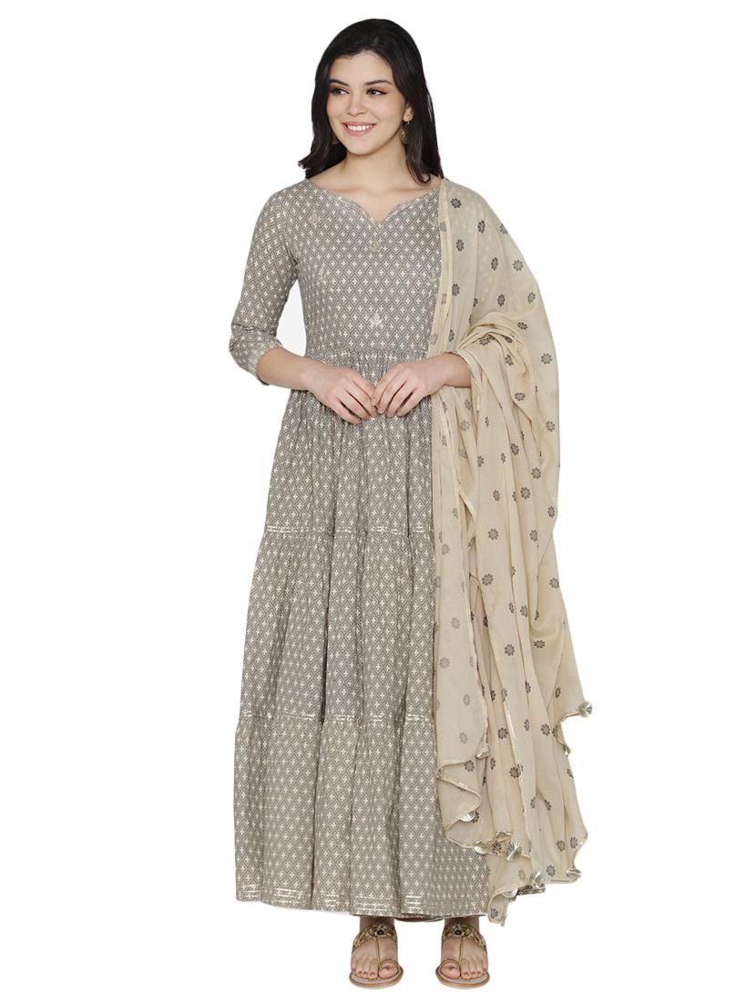 printed tiered flare ethnic dress with dupatta - 17472333 - Zoom Image - 1