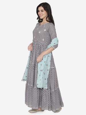 printed tiered flare ethnic dress with dupatta - 17472334 - Standard Image - 2