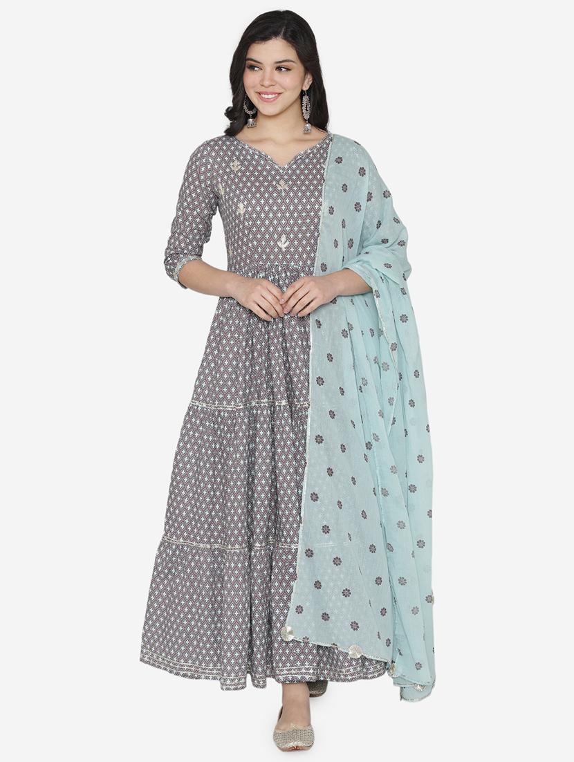 printed tiered flare ethnic dress with dupatta - 17472334 - Zoom Image - 1