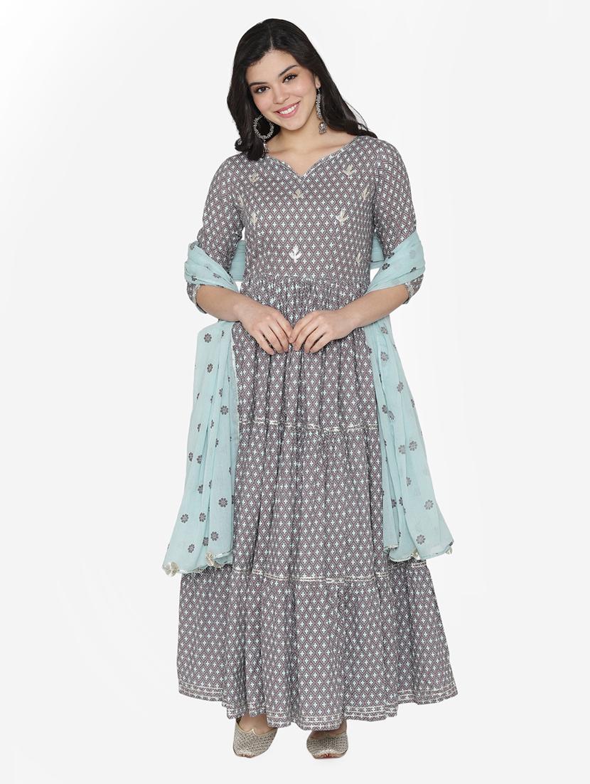 printed tiered flare ethnic dress with dupatta - 17472334 - Zoom Image - 3