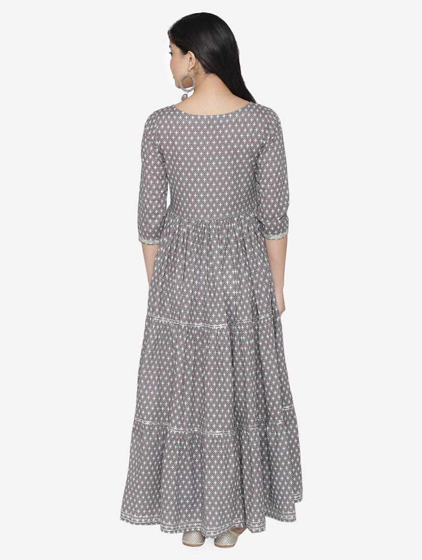 printed tiered flare ethnic dress with dupatta - 17472334 - Zoom Image - 4