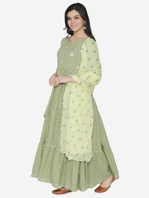 printed tiered flare ethnic dress with dupatta - 17472335 - Standard Image - 2