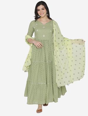 printed tiered flare ethnic dress with dupatta - 17472335 - Standard Image - 3