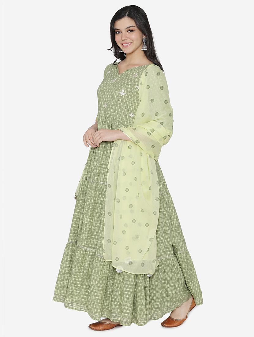printed tiered flare ethnic dress with dupatta - 17472335 - Zoom Image - 2