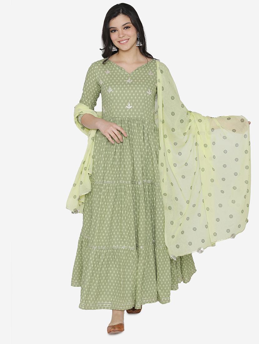 printed tiered flare ethnic dress with dupatta - 17472335 - Zoom Image - 3