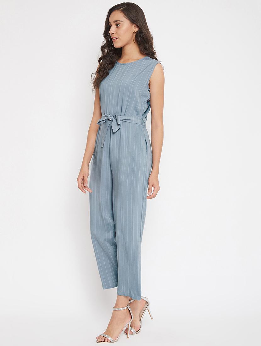 tie front striped full leg jumpsuit - 17473939 - Zoom Image - 2