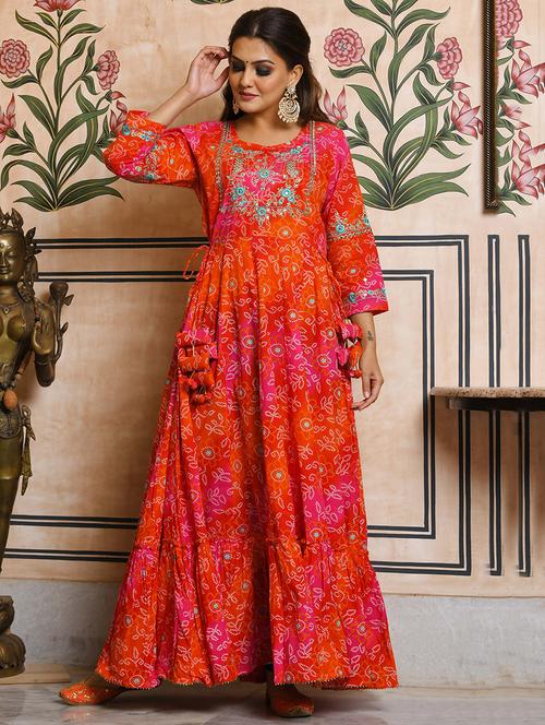 bandhani print flared ethnic dress - 17474356 - Standard Image - 1