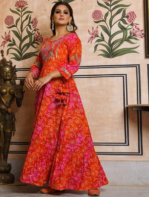 bandhani print flared ethnic dress - 17474356 - Standard Image - 2