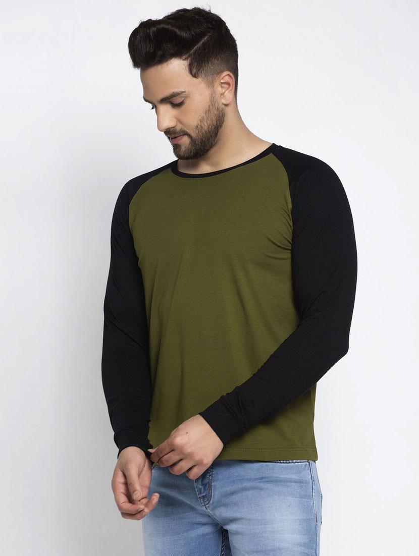 olive green color block raglan t-shirt - 17476606 - Zoom Image - 2