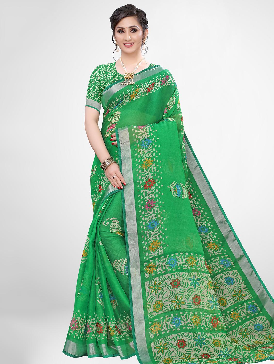 block print bordered saree with blouse - 17476988 - Zoom Image - 1